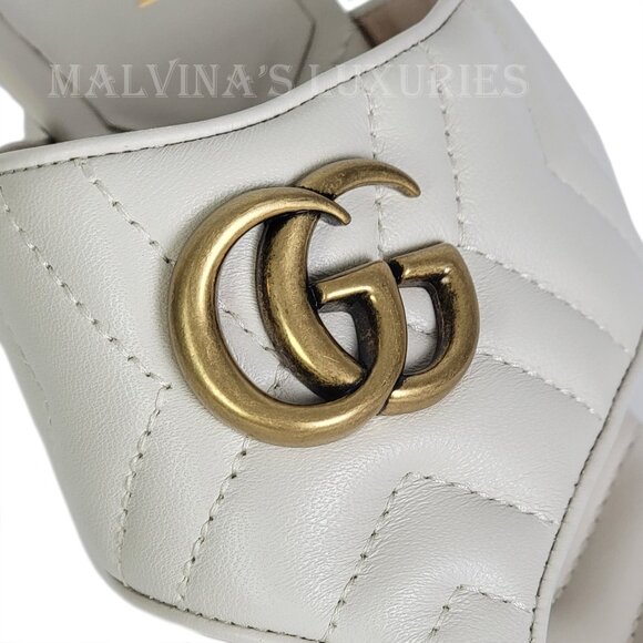 GUCCI SHOES DOUBLE G MARMONT LOGO WHITE QUILTED THONG SANDALS - Picture 11 of 15